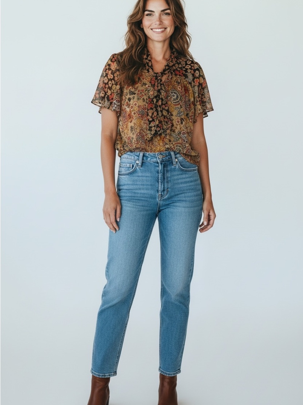Zara Floral Paisley Tie-Neck Blouse - Brown